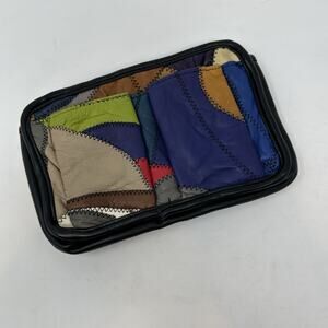 Vtg Allan Edward Patchwork Leather Clutch Pouch Purse Retro 80s 90s Makeup bag